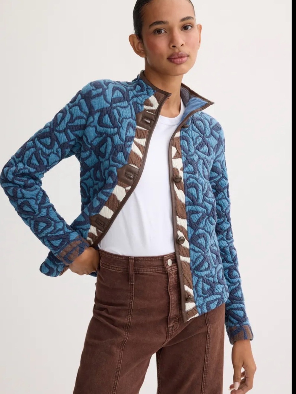 NIC+ZOE Blue Quilted Patterned Teddy Jacket with Brown Trim